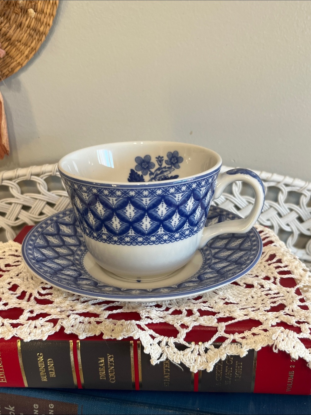 Spode teacup and saucer set in the Blue Room Collection Geranium pattern